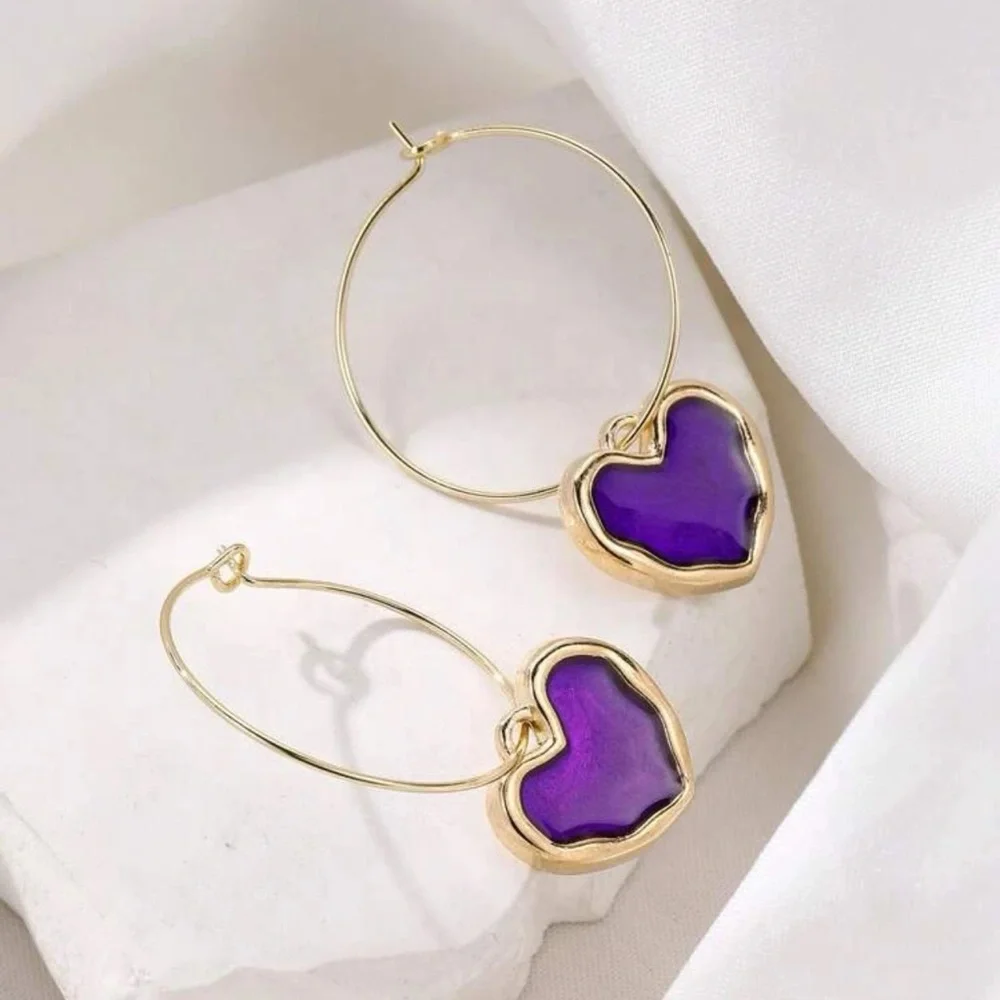 Gold Tone Heart Hoop Earrings with Purple Charm Dangle